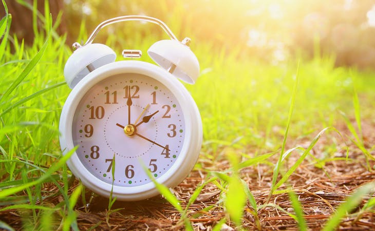 clock in grass outside to signify daylight saving time