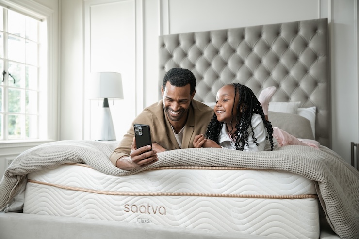 parent and child on saatva bed
