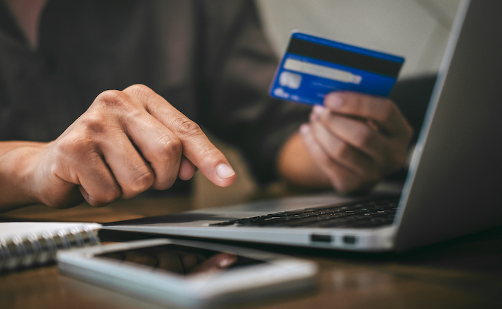 person holding credit card and typing on laptop