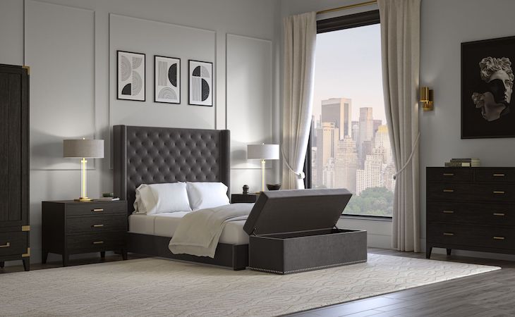 saatva bedroom bench at foot of bed