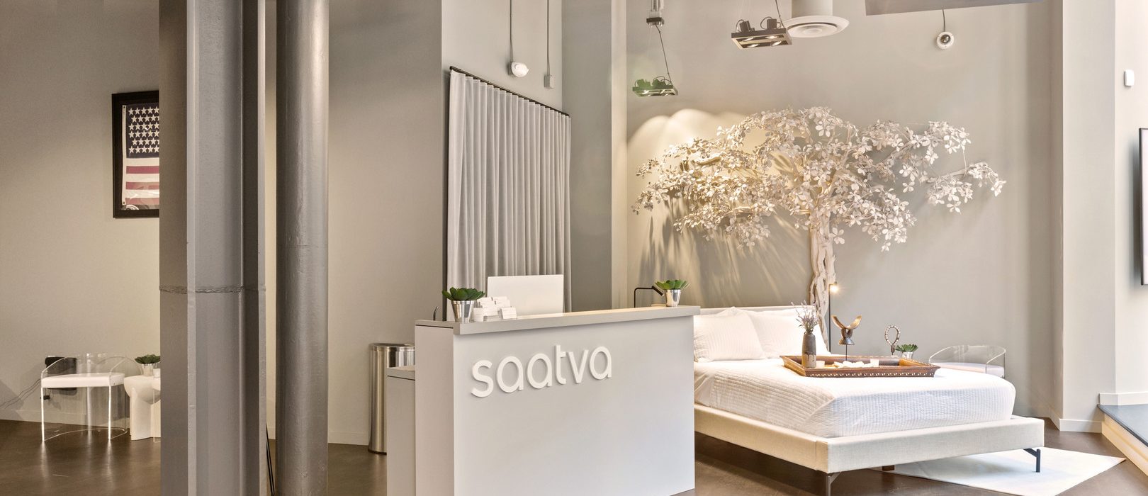 Saatva SF Interior with Tree and Check In Desk Closeup SlavaBlazerPhotography
